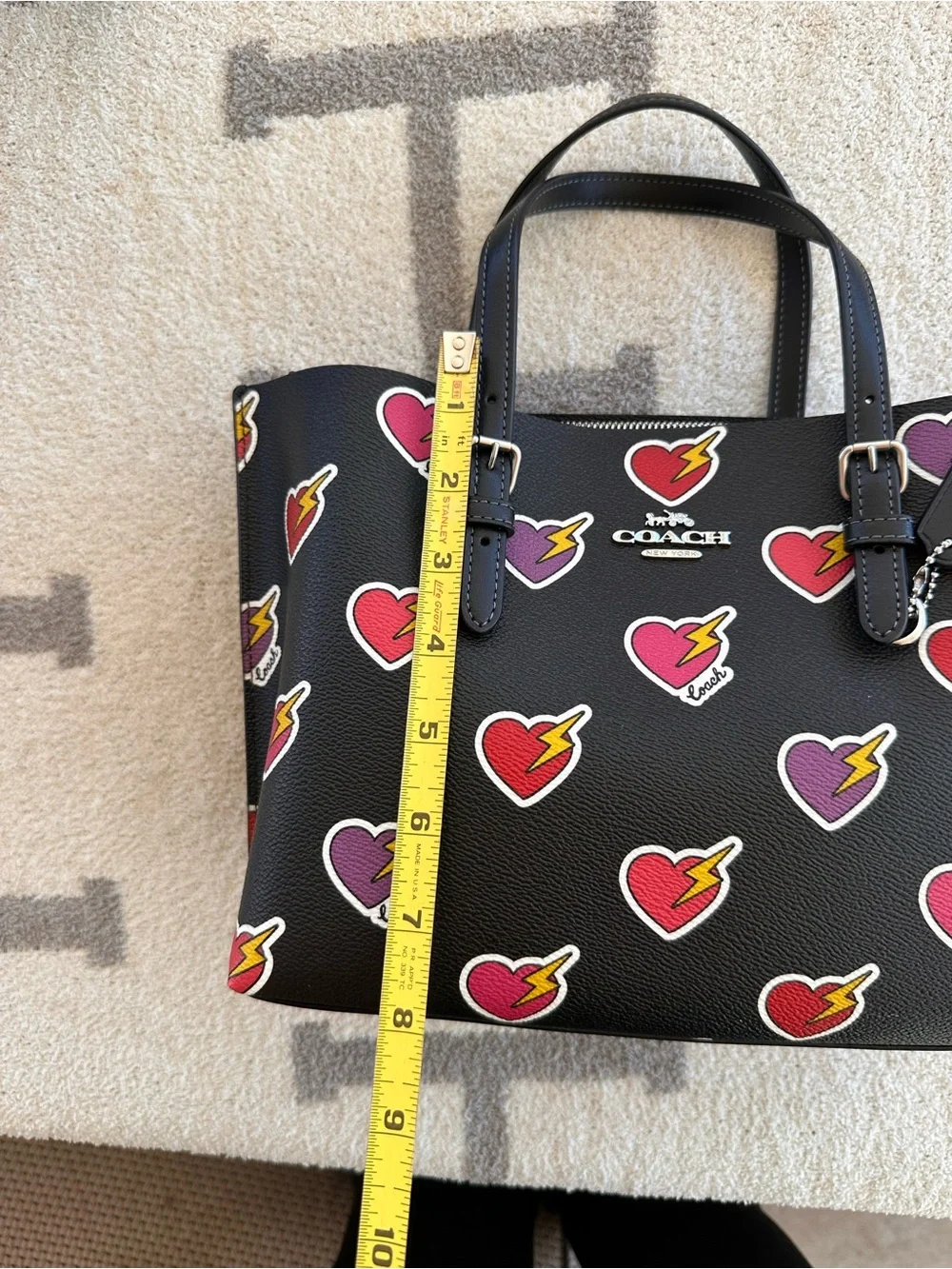 Coach Black Leather Tote with Colorful Heart & Lightning Motif